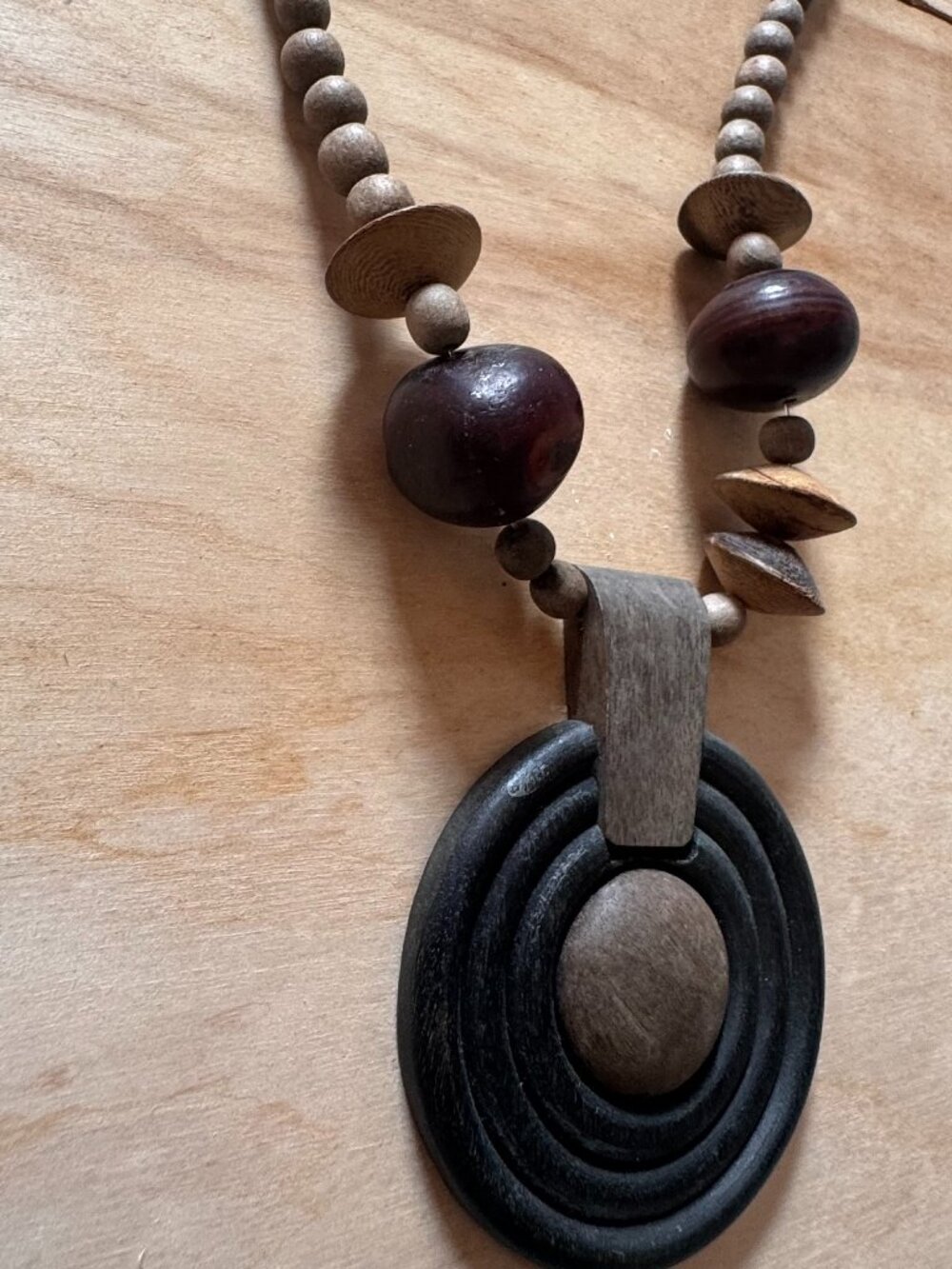 Boho Wooden Beaded Statement Necklace with Large Geometric Pendant
